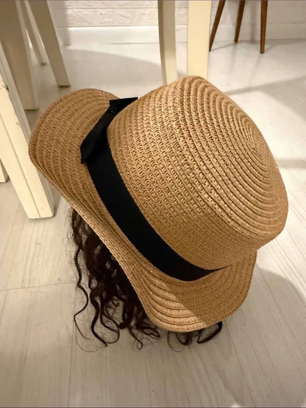 NWOT Straw Sun Hat with Black Ribbon Bow